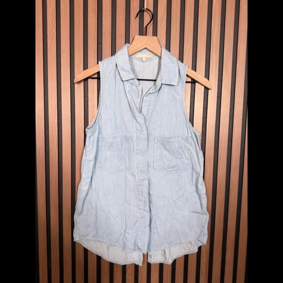 Joan Vass Tops - Joan Vass Shirt Small Womens Blue Chambray Button Front Pockets Sleeveless